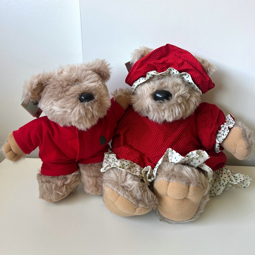 Vintage 1985 Snuggables Holiday Mama & Baby Bear Plush Pair Heartline Korea